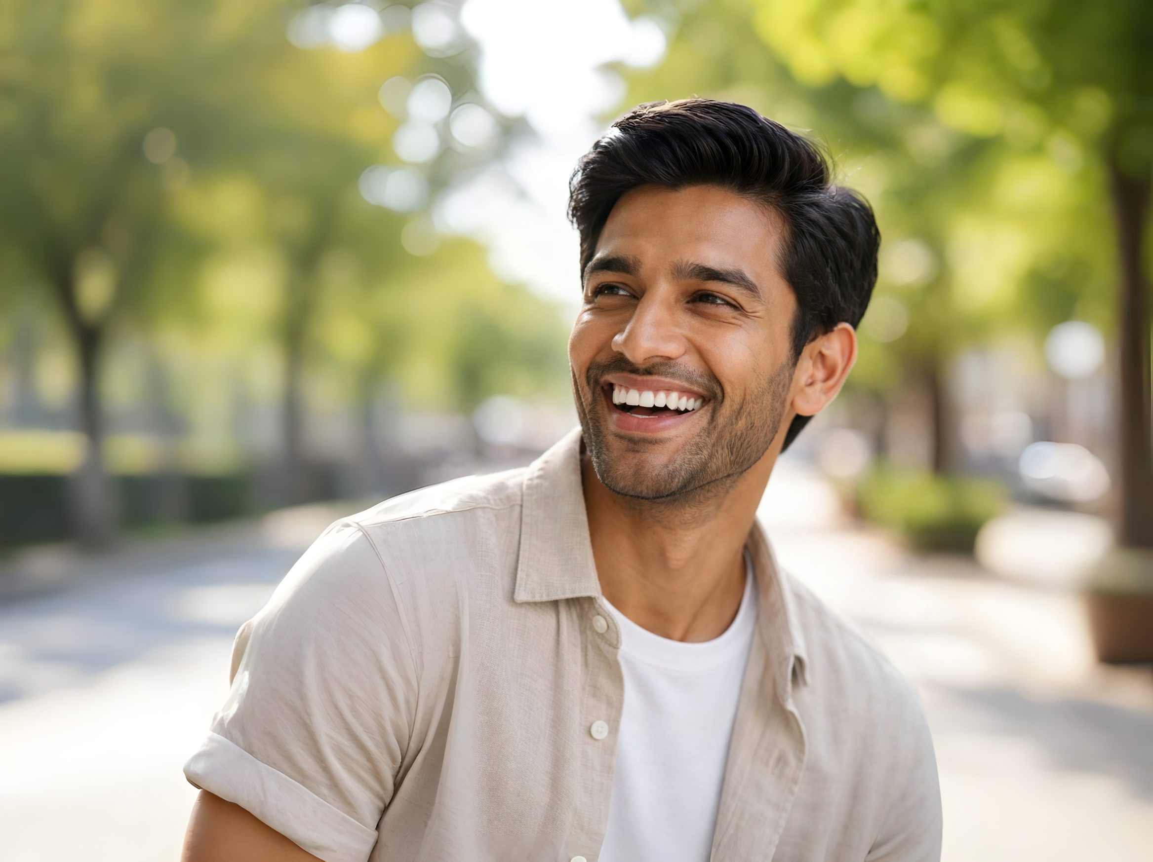 A patient laughing outdoors with a confident smile